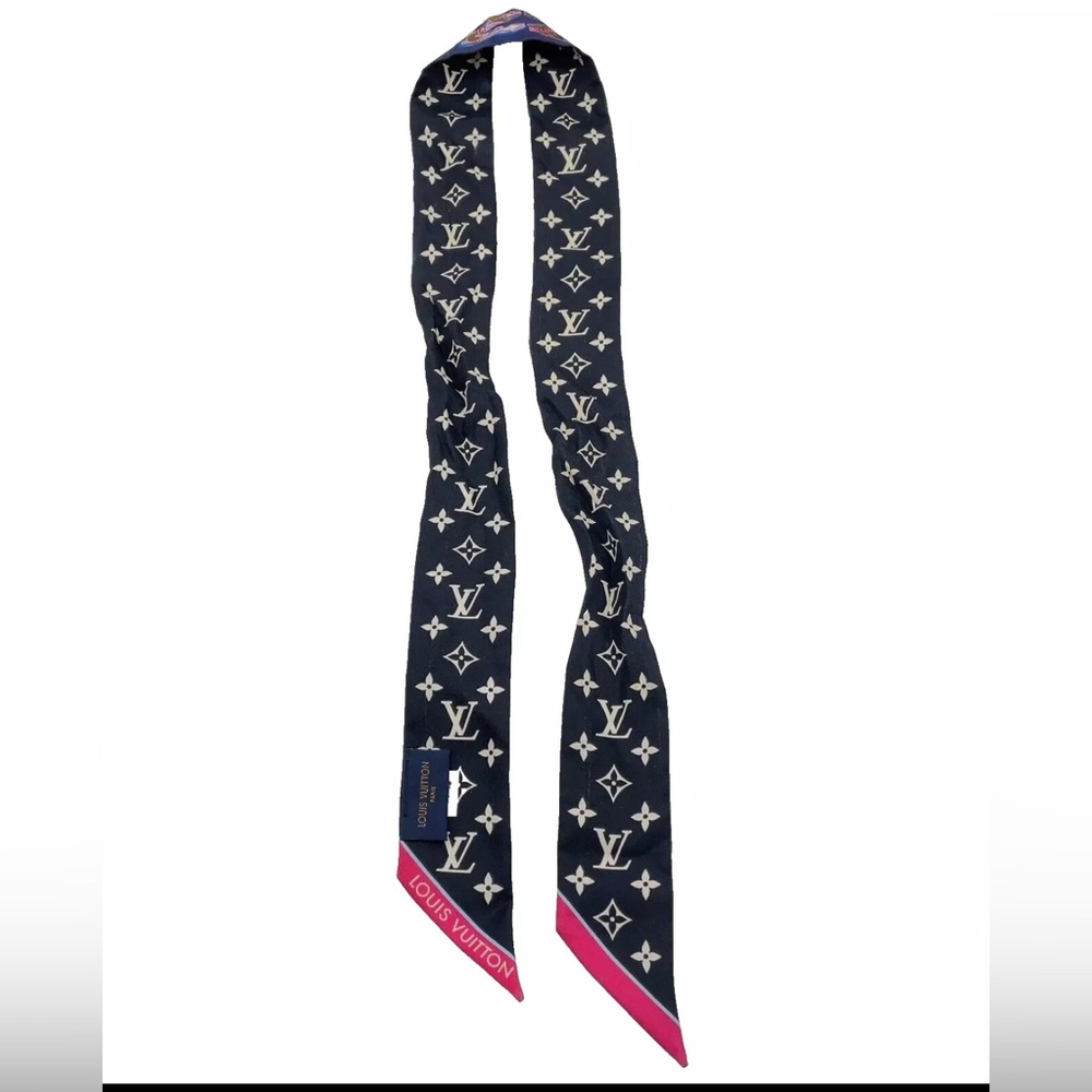 Louis Vuitton Navy and Pink Monogram Silk Twilly Scarf